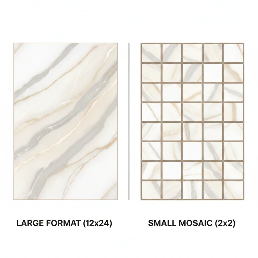 Tile Sizes: 12x24 Large Format and 2x2 Mosaic Comparison